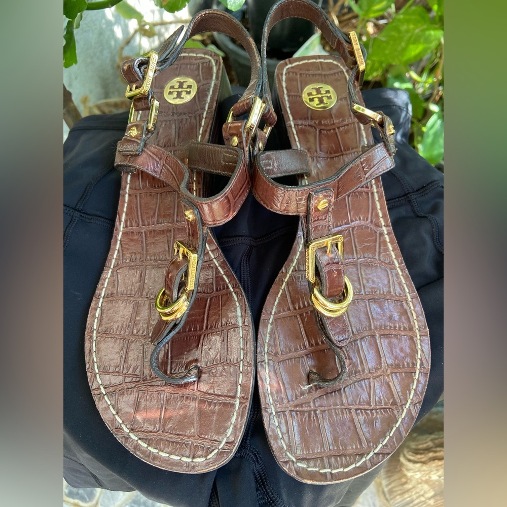 Tory Burch Amanda Thong Sandals in croc-embossed leather.